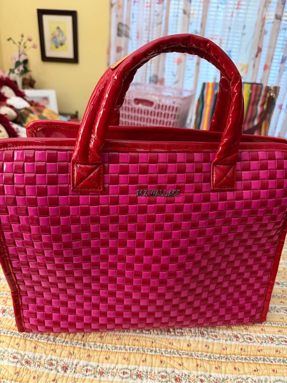 MZ Wallace pink and red lacquer woven box tote